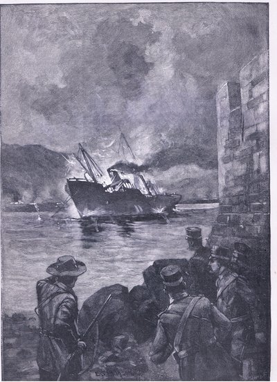 The Spanish American War: The sinking of the Merrimac, illustrasjon fra Cassells History of England, 1900-tallet av E.S. Hodgson