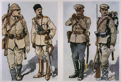 Tyrkisk infanterist og offiser (til venstre) og bulgarsk infanterioffiser og fotsoldat fra 1917 (høyre) av 1917 (farge litho) av E. (after) Dobrich
