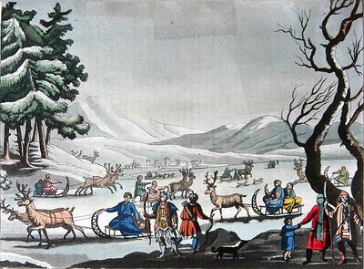Tungus forlater vinterleiren på sleder trukket av rein, ca. 1820 (fargegravering) av E. (after) Karnejeff