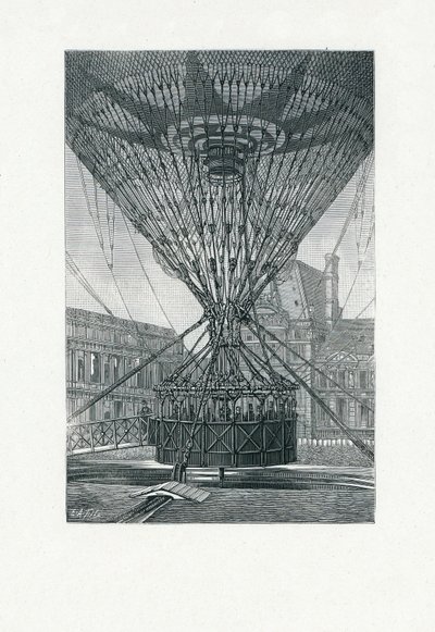 Panoramautsiktsplattform med varmluftsballong, pub. ca. 1880 (bw gravering) av E. A. Tilly