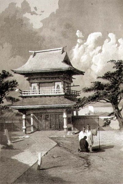 Inngang til et tempel på Hakotadi, pub. av Sarony & Co., ca. 1856 (litho) av E. Brown