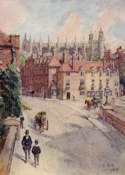 Eton: Barnes Pool Bridge, Baldwin's Shore og Upper Chapel (farge litho) av E. D. Brinton