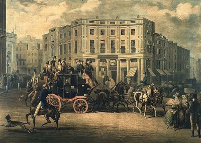 "The Age" Brighton Coach ved Bull and Mouth, Regent Circus (gravering) av E. F. Lambert