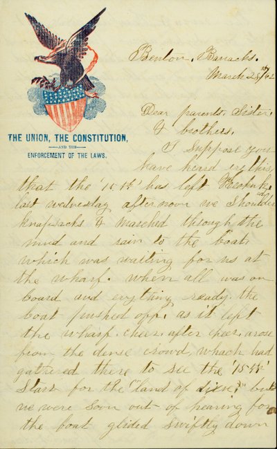 Brev signert E.G. Black, Benton Barracks, Mo., til foreldrene, søsteren og brødrene, 28. mars 1862 av E. G. Black