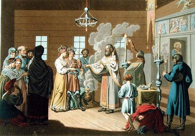 Det russiske ekteskapet, gravert av X. Wagner (farge litho) av E. Karnejeff