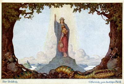 Historie. Unionen av Østerrike og Tyskland. Allegori av E. Kutzer, Østerrike, ca. 1920 (postkort) av E. Kutzer