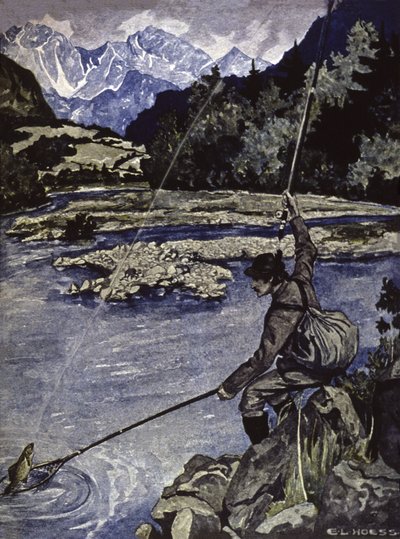 Fiske i en elv, ca. 1900 (illustrasjon) av E. L. Hoess