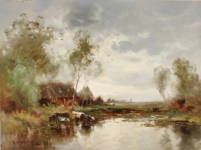 Landskap med vindmølle, slutten av 1800-begynnelsen av 1900-tallet. av E. Landseer Harris