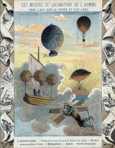 Aerostation - Flybåtprosjekt til Pierre de Lana - Flyvende fly fra Besnier (1678) - Ballong - Ballong - Luftskipsballong - illustrasjon av E Letellier - Beskytt historisk notatbok, slutten av 1800-tallet av E. Letellier