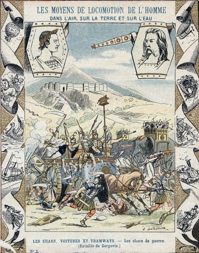 Galliske krigsvogner i slaget ved Gergovia - Fra et beskyttende omslag for skolebøker, slutten av 1800-tallet - Tanks de guerre a faux - Vercingetorix a la battle de Gergovia (52 f.Kr.) under gallernes krig - illustrasjon av E Letellier - Protege notebo av E. Letellier