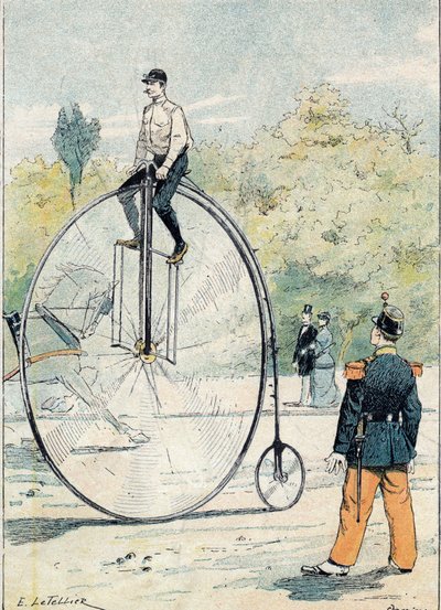 Grand bi (Grand-Bi) with front wheel diameter greater than 1.50 m - From a protective sleeve for school books, late 19th century - illustration by E. Letellier - Protege notebook historical, late 19th century - av E. Letellier