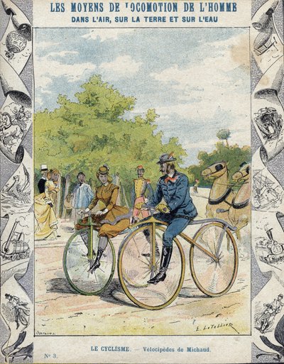 Pierre Michaux og Michaudine velocipedes - Fra et beskyttende omslag for skolebøker, sent på 1800-tallet - velocipedes a pedale (les michaudines) av Pierre Michaux (1813-1883) av E. Letellier