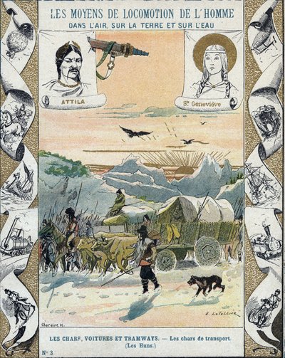 Transportstridsvogner - Hunsene fra Attila (ca. 395-453) - Barbarinvasjoner - illustrasjon av E Letellier - Beskytter historisk notatbok, sent på 1800-tallet - av E. Letellier