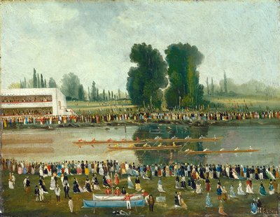 Roingscene: Folkemengder som ser på fra elvebredden, sent på 1800-tallet. av E. Levy