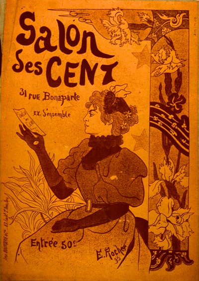 En kvinne undersøker en invitasjon, Salon des Cent av E. Rocher