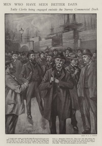Menn som har sett bedre dager: regnskapsførere blir forlovet utenfor Surrey Commercial Dock, London (litho) av E. S. (after) Hodgson