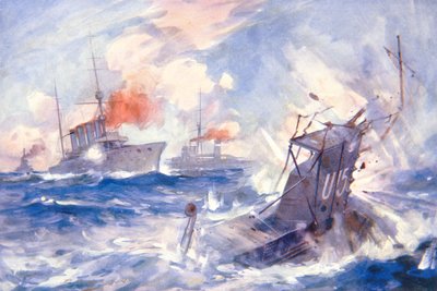 The Senking of the German Submarine U15 av HMS Birmingham (farge litho) av E. S. (after) Hodgson