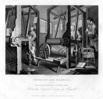 Medlærlingene ved deres vevstoler, plate I of Industry and Idleness, 1833. av E. Smith