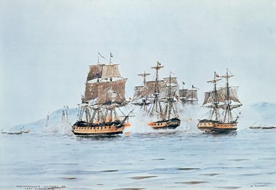 Commodore Macdonough i Saratoga beseirer britene, slaget ved Lake Champlain av E. Tufnell