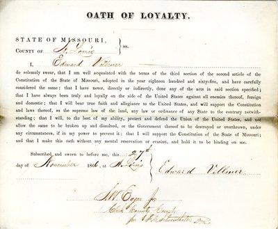 Lojalitetsed av Edward Villmer fra Missouri, County of Louis av E. Villmer