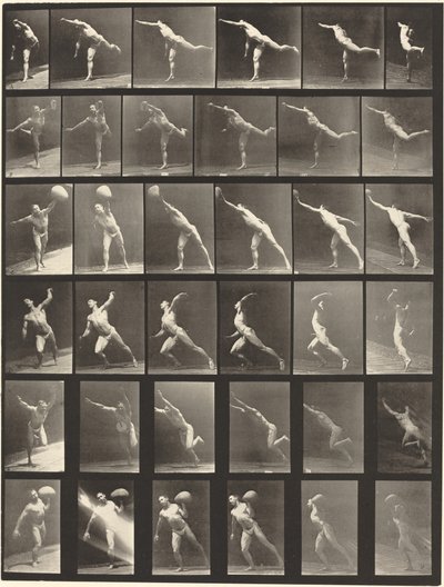 Plate nummer 523. A: Slå et slag. B, E: Kasteskive. C, F: Heving a 75-lb. Stein..., 1887. av Eadweard Muybridge