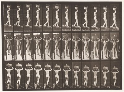 Plate 124. Descending Incline, 20-lb kurv på hodet, hender hevet, 1872-1885 av Eadweard Muybridge