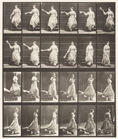 Plate 140. Nedstigende trapp ser seg rundt og vinker med vifte av Eadweard Muybridge