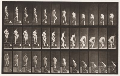 Plate 149. Nedstigende trapp; Bøyer seg for å løfte en mugge, 1872-1885 av Eadweard Muybridge