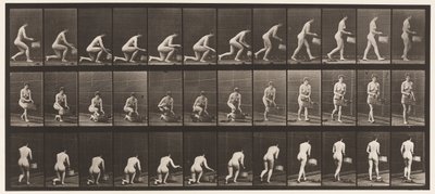 Plate 251. Kneler på venstre kne, kurv i venstre hånd og reiser seg, 1872-1885 av Eadweard Muybridge