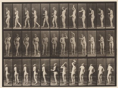 Tallerken 426. Toalett; Børster håret hennes og går av, 1872-1885 av Eadweard Muybridge