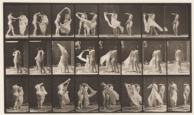 Tallerken 429. Toalett; To modeller, 1 Disrobing 8, 1872-1885 av Eadweard Muybridge