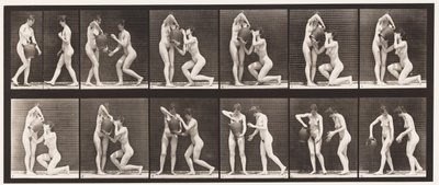Tallerken 452. To modeller, 8 knær, drikker fra vannkrukke i hender, 1872-1885 av Eadweard Muybridge