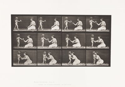 Tallerken 465. To modeller, barn 70N, bringer bukett til 12, 1885 av Eadweard Muybridge