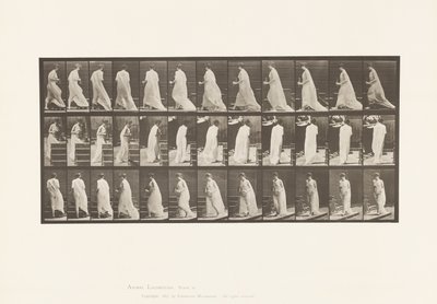 Plate 97. Vende for å gå opp trapper, med mugge og beger i hendene av Eadweard Muybridge