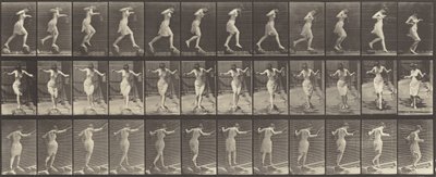 Plate nummer 175. Kryssende bekke på trappesteiner med fiskestang og dunk av Eadweard Muybridge