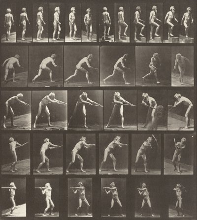 Plate nummer 521. A: Gående. B: Gå opp et trinn. C: Kaster disken. D: Bruke en spade. E, F: Ved hjelp av en hakke av Eadweard Muybridge