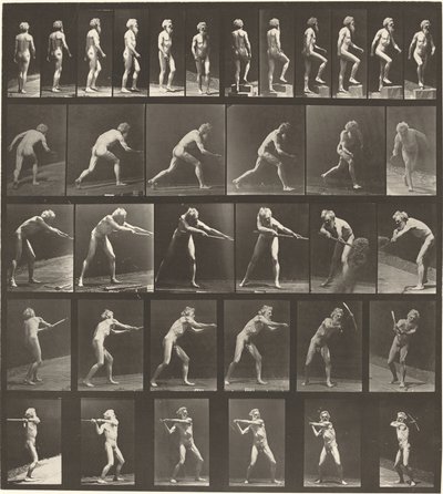 Plate nummer 521. A: Gående. B: Stigende trinn. C. Kasteskive. D: Bruker spade. E, F. Ved hjelp av pick av Eadweard Muybridge