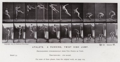 The Human Figure in Motion: Atlet, et løpende, vriende høydehopp (s/hvitt-bilde) av Eadweard Muybridge