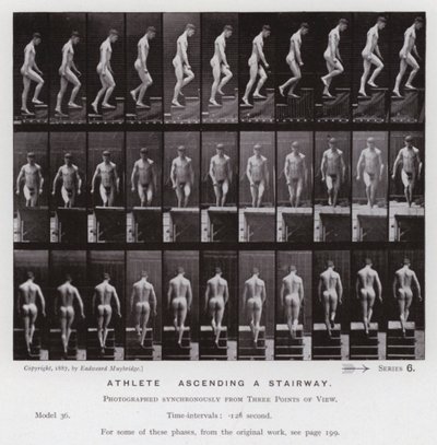 Den menneskelige figuren i bevegelse: idrettsutøver som går opp i en trapp (s/hvitt-bilde) av Eadweard Muybridge