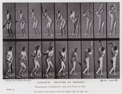 The Human Figure in Motion: idrettsutøver, slår på cricket (s/hvitt-bilde) av Eadweard Muybridge