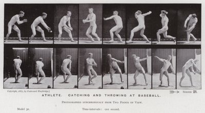 Den menneskelige figuren i bevegelse: idrettsutøver, fanger og kaster på baseball (s/hvitt-bilde) av Eadweard Muybridge
