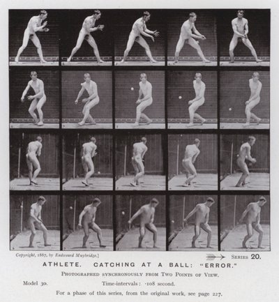 Den menneskelige figuren i bevegelse: idrettsutøver, fanger en ball, "feil" (s/hvitt-bilde) av Eadweard Muybridge