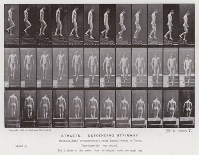 Den menneskelige figuren i bevegelse: idrettsutøver, som går ned en trapp (s/hvitt-bilde) av Eadweard Muybridge