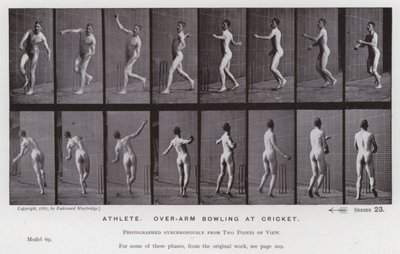 The Human Figure in Motion: Atlet, bowling over armen på cricket (s/hvitt-bilde) av Eadweard Muybridge