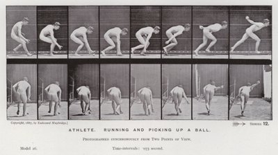 Den menneskelige figuren i bevegelse: idrettsutøver, løper og plukker opp en ball (s/hvitt-bilde) av Eadweard Muybridge