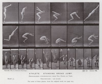 Den menneskelige figuren i bevegelse: idrettsutøver, stående bredhopp (s/hvitt-bilde) av Eadweard Muybridge