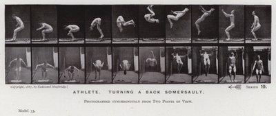 Den menneskelige figuren i bevegelse: idrettsutøver som snur en salto (s/hvitt-bilde) av Eadweard Muybridge