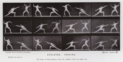 Den menneskelige figuren i bevegelse: idrettsutøvere, fekting (s/hvitt-bilde) av Eadweard Muybridge