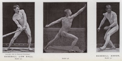 Den menneskelige figuren i bevegelse: Baseball, lav ball; Baseball, feil (s/hvitt bilde) av Eadweard Muybridge