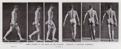 Den menneskelige figuren i bevegelse: Noen faser i turen til en idrettsutøver, som bærer en 50-kilos dumb-bell (s/hvitt-bilde) av Eadweard Muybridge